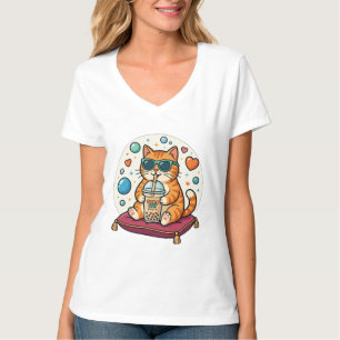 Kawaii Coole Katze Boba Tee Anime Mädchen V-Aussch