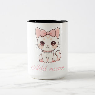 Kawaii Coquette Katze mit rosa Schleife   Süße fem Zweifarbige Tasse