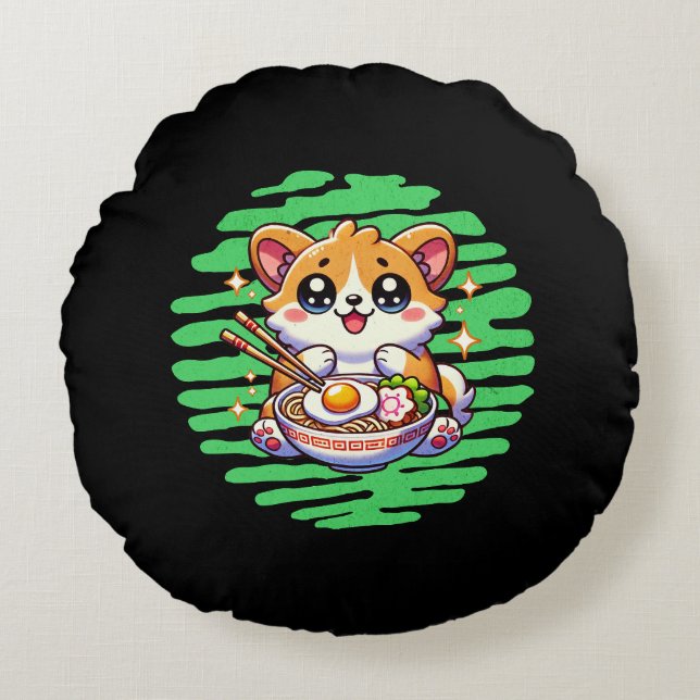 Kawaii Corgi essen Schüssel Ramen Rundes Kissen (Vorderseite)