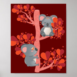 Kawaii couple of koalas with hearts tree poster