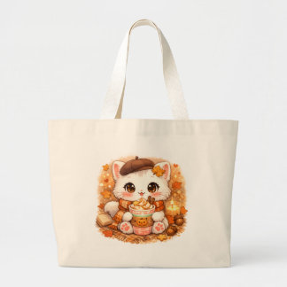 Kawaii Cozy Herbst-Latte-Kitty – Süße Herbstkatze Jumbo Stoffbeutel
