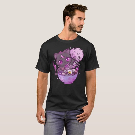 Kawaii Creepy Cat Eating Ramen Noodles Pastel Goth T-Shirt (Vorne ganz)