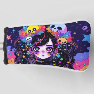 Kawaii Creepy Neon Goth Anime Girl and Skulls Golf Headcover