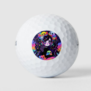 Kawaii Creepy Neon Goth Anime Girl and Skulls Golfball