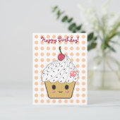 Kawaii Cupcake in Polka Dots "Happy Birthday" Postkarte (Stehend Vorderseite)
