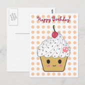 Kawaii Cupcake in Polka Dots "Happy Birthday" Postkarte (Vorne/Hinten)