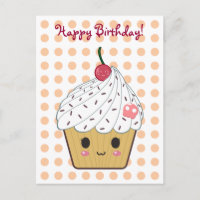 Kawaii Cupcake in Polka Dots "Happy Birthday"