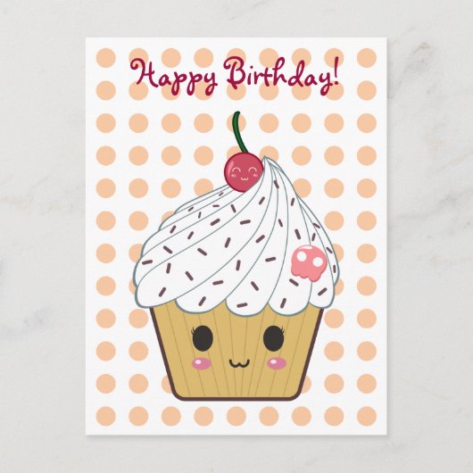 Kawaii Cupcake in Polka Dots "Happy Birthday" Postkarte (Vorderseite)