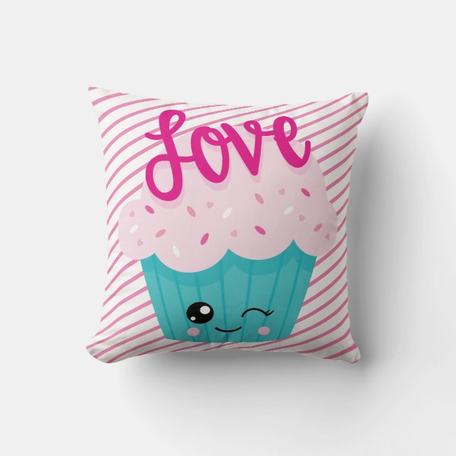 Kawaii Cupcake Liebe Rosa Aquamariner Streifen Nie Kissen (Vorderseite)