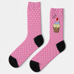 Kawaii-Cupcake mit Namen und Herz-Druck Pink Crew Socken