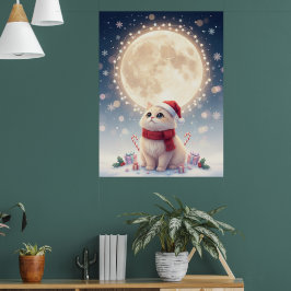Kawaii Cute Cat Christmas With Moon Poster