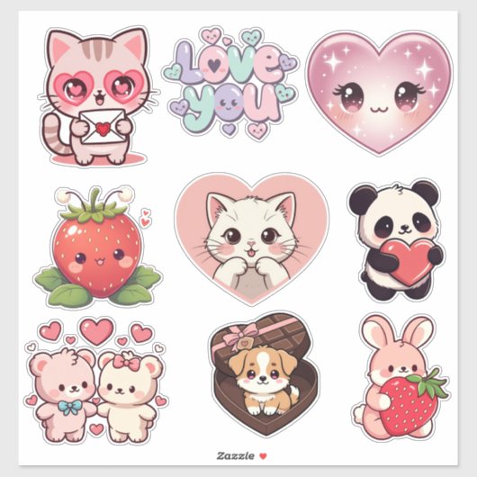 Kawaii Cute Sticker Set – Emojis, Cats, Bears, Hea (Blatt)