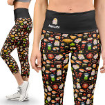 Kawaii Decora Capri Sushi Yoga Leggings<br><div class="desc">Japanisch Sushi Kawaii Capri Yoga Leggings | Yoga Apparel. Tauchen Sie ein in die skurrile Welt meiner japanischen Sushi Kawaii Capri Yoga-Leggings mit schwingenden Katzen, Sushi, Kirschblüten und vielem mehr in einem schwarzen Hintergrund. Personalisieren Sie mit Ihrem Namen und Logo für eine einzigartige Touch. Passen Sie den Bund mit Ihrem...</div>