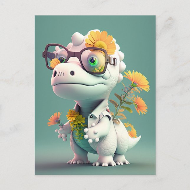 Kawaii Dinosaur Doktor Floral Postcard Postkarte (Vorderseite)