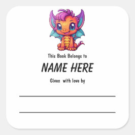 Kawaii Dragon Children's Buchzeichen mit Botschaft Quadratischer Aufkleber