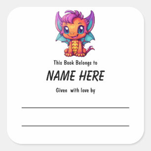 Kawaii Dragon Children's Buchzeichen mit Botschaft Quadratischer Aufkleber