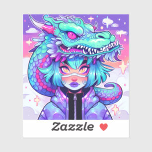 Kawaii Dragon Headdress Girl in Vaporwave Skies Aufkleber