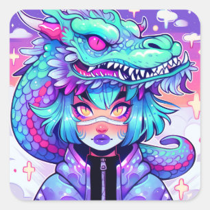 Kawaii Dragon Headdress Girl in Vaporwave Skies Quadratischer Aufkleber