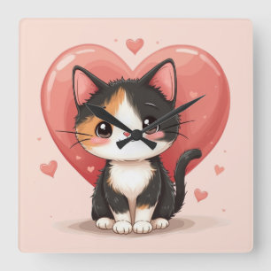 Kawaii Dreifarbenkatze Herz Valentinstag Design Quadratische Wanduhr