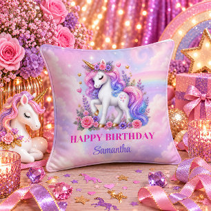 Kawaii-Einhorn-Geburtstagsmädchen-Rosa-Regenbogen- Kissen