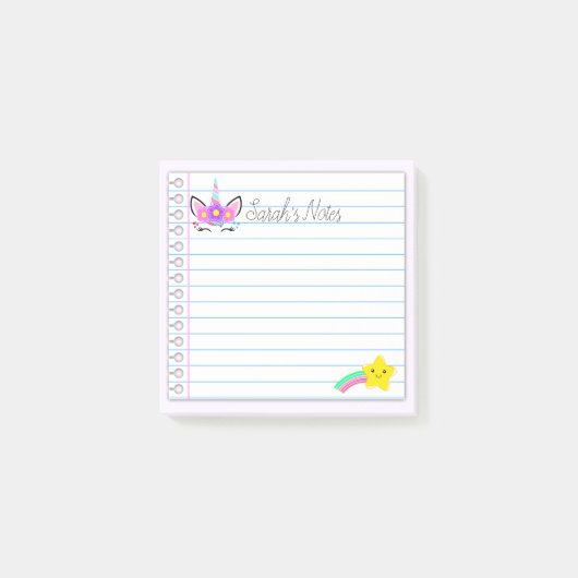 Kawaii Einhorn & Regenbogenschuss Sterne 3"x"3 Post-it Klebezettel (Vorderseite)