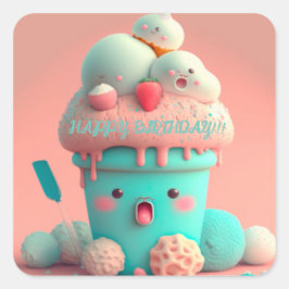 Kawaii-Eisbecher Quadratischer Aufkleber