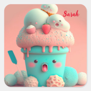 Kawaii-Eisbecher Quadratischer Aufkleber