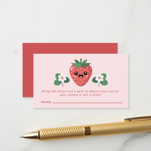 Kawaii Erdbeeren-Baby-Party-Windel-Raffle Begleitkarte (Vorderseite/Rückseite Beispiel)