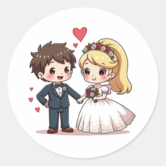 Kawaii Fairy Tale Wedding - Chibi Couple Runder Aufkleber (Vorderseite)