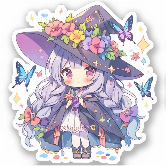 Kawaii Floral Loli Witch Aufkleber (Vorderseite)