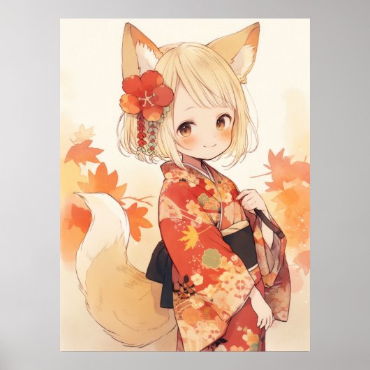 Kawaii Fox mit Kimono Poster (Vorne)