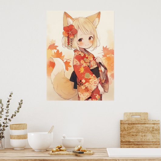Kawaii Fox mit Kimono Poster (Küche)