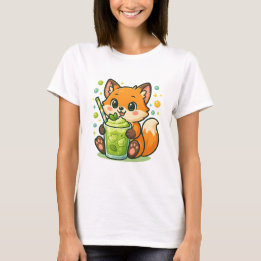 Kawaii Fox mit Matcha Latte - Niedlicher grüner Te T-Shirt