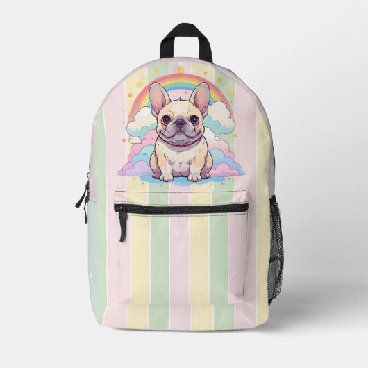 Kawaii French Bulldog Rainbow Sky Clouds Bedruckter Rucksack (Vorderseite)