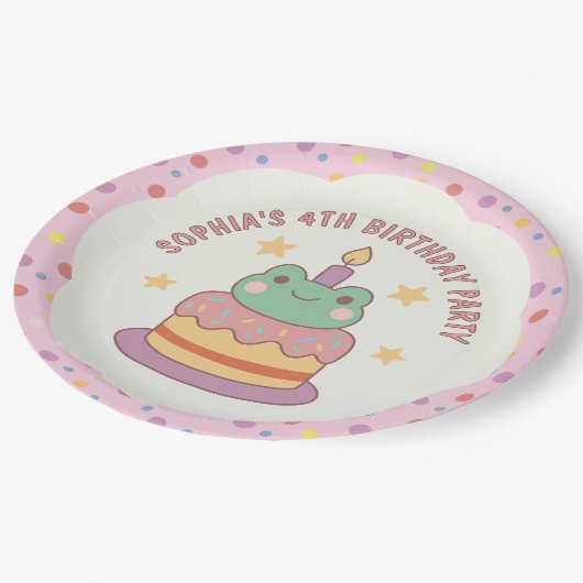 Kawaii Frog Birthday Cake Custom Pappteller (Schrägansicht)