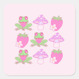 Kawaii Frog, Mushroom und Strawberry Quadratischer Aufkleber