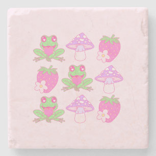 Kawaii Frog, Mushroom und Strawberry Steinuntersetzer