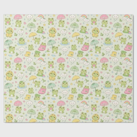 Kawaii Frog Rainy Day Pattern Wrapping Paper Geschenkpapier (Flach)