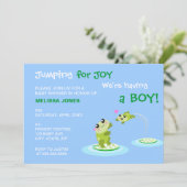 Kawaii Frosch Springen für Freude Blue Boy Baby Sh Einladung (Stehend Vorderseite)
