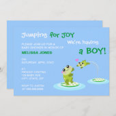 Kawaii Frosch Springen für Freude Blue Boy Baby Sh Einladung (Vorne/Hinten)