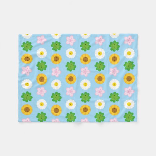 Kawaii Frühlingsblumen (blau) Fleecedecke (Vorderseite (Horizontal))