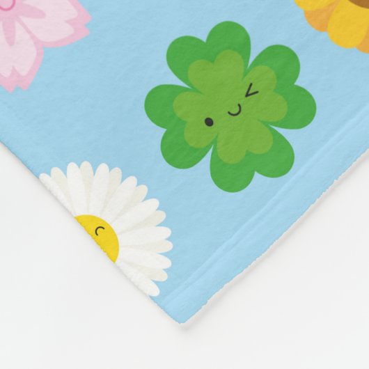 Kawaii Frühlingsblumen (blau) Fleecedecke (Ecke)