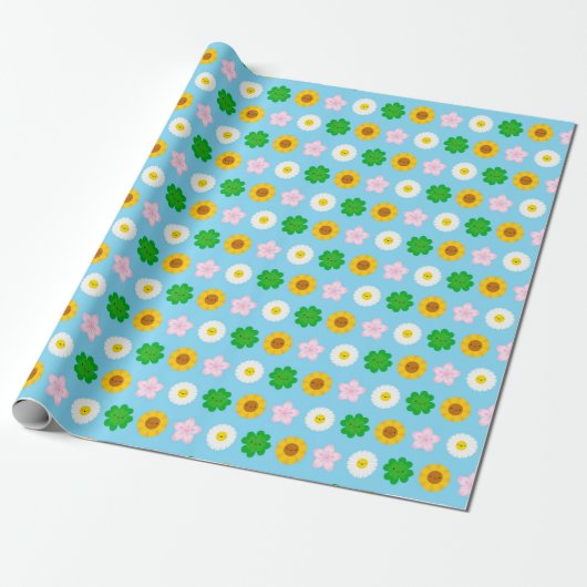Kawaii Frühlingsblumen (blau) Geschenkpapier (Ungerollt)