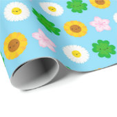 Kawaii Frühlingsblumen (blau) Geschenkpapier (Rolleneckpunkt)