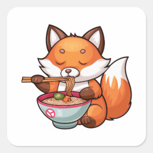 Kawaii-Fuchs frisst Ramen Quadratischer Aufkleber