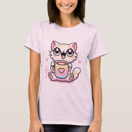 Kawaii Funkelnd Katze mit Rainbow Coffee Tasse Nie T-Shirt (Vorderseite)