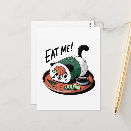 Kawaii Funny Cat Shaped Sushi Roll Postkarte (Vorderseite/Rückseite Beispiel)