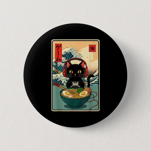 Kawaii Gamer Cat Ramen Retro Japanese Funny Cat Ga Button (Vorderseite)