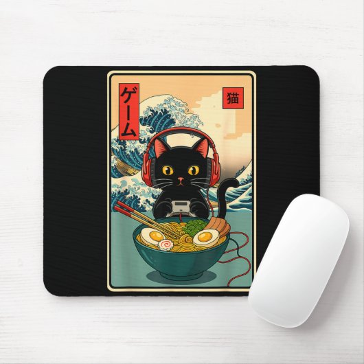 Kawaii Gamer Cat Ramen Retro Japanese Funny Cat Ga Mousepad (Mit Mouse)
