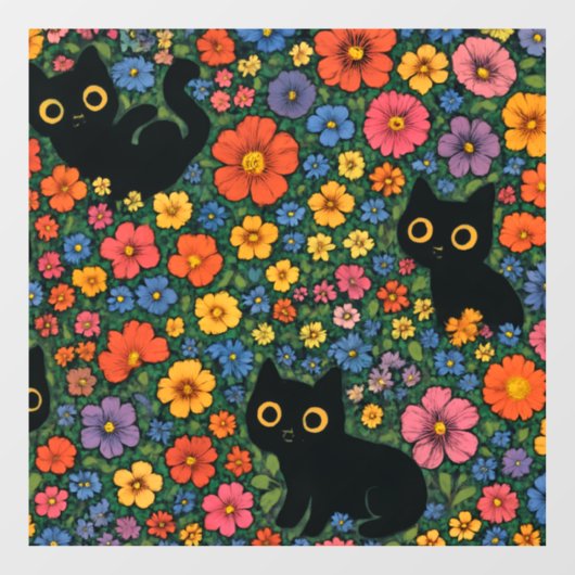 Kawaii Garden Art | Cute Black Cat Floral Pattern Fensteraufkleber (Blatt)